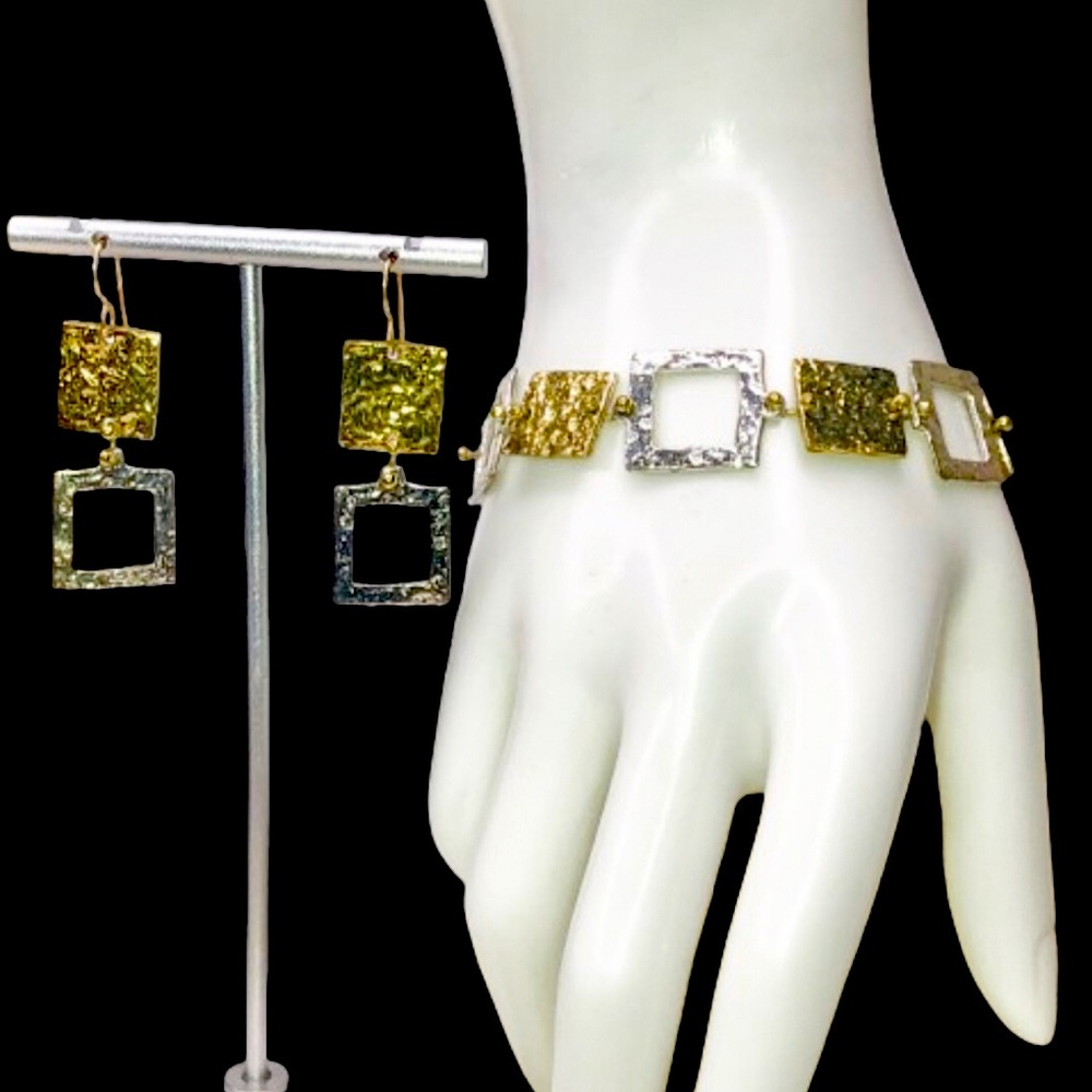HAMMERED Two Tone Square Earrings and Bracelet Set